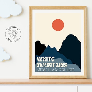 Poster delle White Mountains del New Hampshire, arte murale minimalista, arte escursionistica, NH48