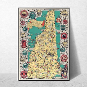 Vintage New Hampshire Karte, Retro Neu England NH Karte, Concord, Mount Washington Illustration