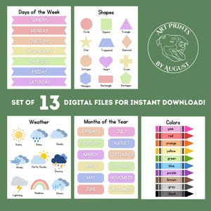 Conjunto de 13 carteles educativos, decoración para aulas o guarderías, descarga digital Montessori para estudiantes, profesores y educación en el hogar