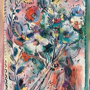 May include: Abstract watercolor painting of a bouquet of flowers in shades of blue, pink, white, and green. The flowers are rendered in a loose, expressive style, with a focus on capturing the movement and energy of the subject.