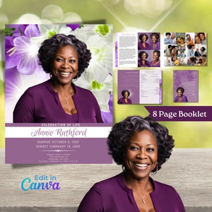 Elegant Purple Obituary Booklet Template - 8 Colorful Pages, Editable in Canva, Two Sizes Available| Celebration of Life Programs