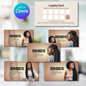 Chic Golden Hair Braider and Stylist Business Card Template Bundle - Editable on Canva, Includes Loyalty Card Design| 5 Design Bundle