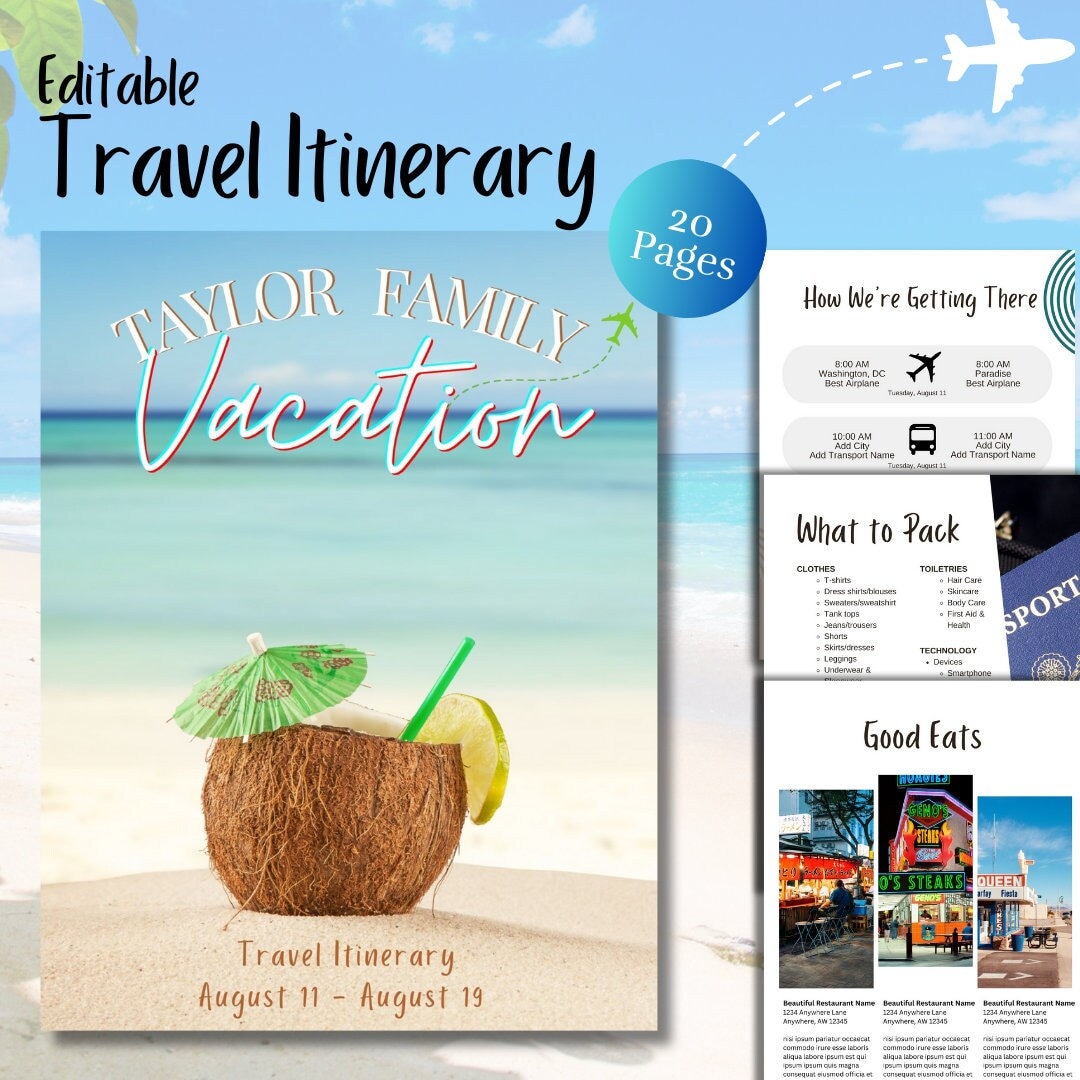 Editable Family Vacation Itinerary Template 20 Pages Colorful