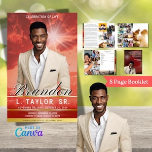 Red Classic Obituary Booklet Template - 8 Colorful Pages, Editable in Canva, Two Sizes Available| Celebration of Life Programs