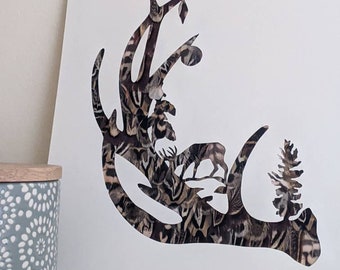 Antler Pheasant Feather Mount A4 Print: Christmas Stag Decoration
