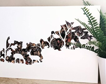 Woodland Deer and Rabbit Feather Art, Country Home Decor (A3)