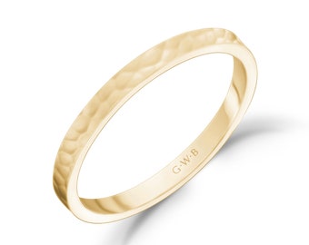 2mm 10K 14K or 18K Gold Flat Hammered High Polish Wedding Band White Gold Yellow Gold or Rose Gold