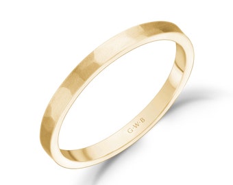 2mm 10K 14K or 18K Gold Flat Hammered Brushed Matte Wedding Band White Gold Yellow Gold or Rose Gold