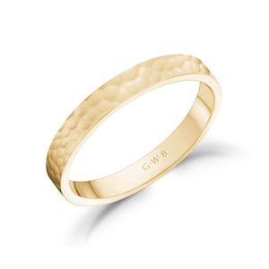 3mm 10K 14K or 18K Gold Hammered Flat High Polished Wedding Band White Gold Yellow Gold or Rose Gold