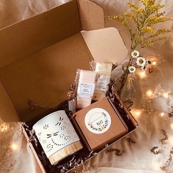 Wax melt burner gift box presents gift set eco gift for her wax melts tealights matches gift box candle hamper box gifts for her minimalist