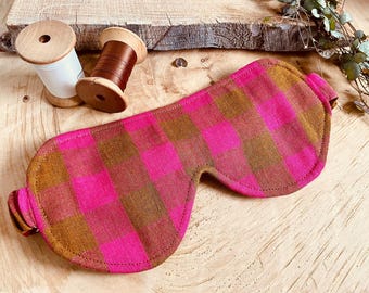 Blackout Sleep Mask: Pink and Brown Linen Eye Mask for Travel & Meditation