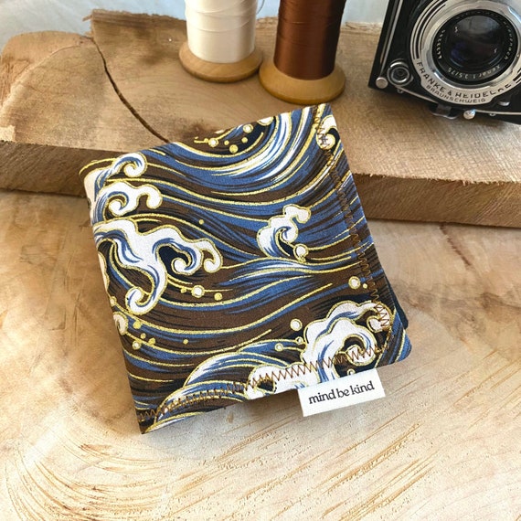 EDC hank - Hokusai wave with gold cotton and microfibre - washable glass cleaning cloth