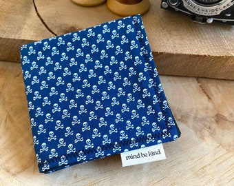 EDC hank - navy cotton with micro skull and cross bones print - microfibre backing - reusable glass cleaning cloth - every day carry