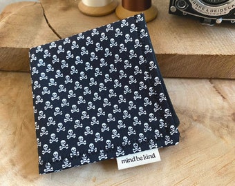 EDC hank - black cotton with skull and cross bones pirate micro print - microfibre backing - reusable glass cleaning cloth - washable