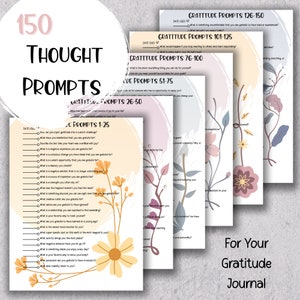May include: A set of five printable gratitude journal pages with floral illustrations. Each page features a different color scheme and includes a section for the date and a list of prompts for reflection and gratitude.