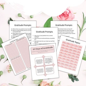 May include: A printable 30-day gratitude challenge with 40 unique prompts and 50 topics for inspiration. The challenge includes a daily gratitude journal page with a pink and white design. The journal page has a section for writing what you are grateful for and what went well today. The challenge also includes a guide to help you start and make the most of your daily gratitude practice.
