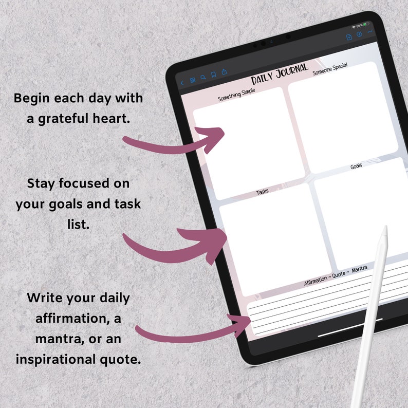 May include: A digital daily journal template on a tablet screen. The template is divided into sections for "Something Simple", "Tasks", "Goals", and "Affirmation - Quote - Mantra".
