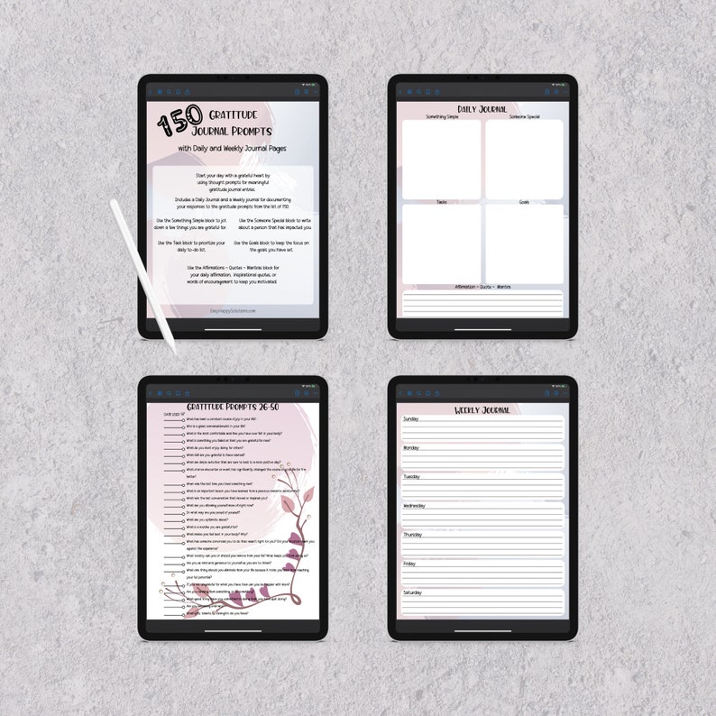 May include: Four digital tablet screens displaying a gratitude journal with 150 prompts, daily and weekly journal pages, and a weekly planner. The journal pages are decorated with a floral design in shades of pink and gray.