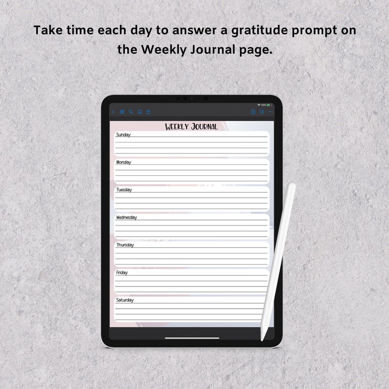 May include: A digital weekly journal app on a tablet screen with a stylus. The app has a pink and gray background with a white grid and the text "WEEKLY JOURNAL".