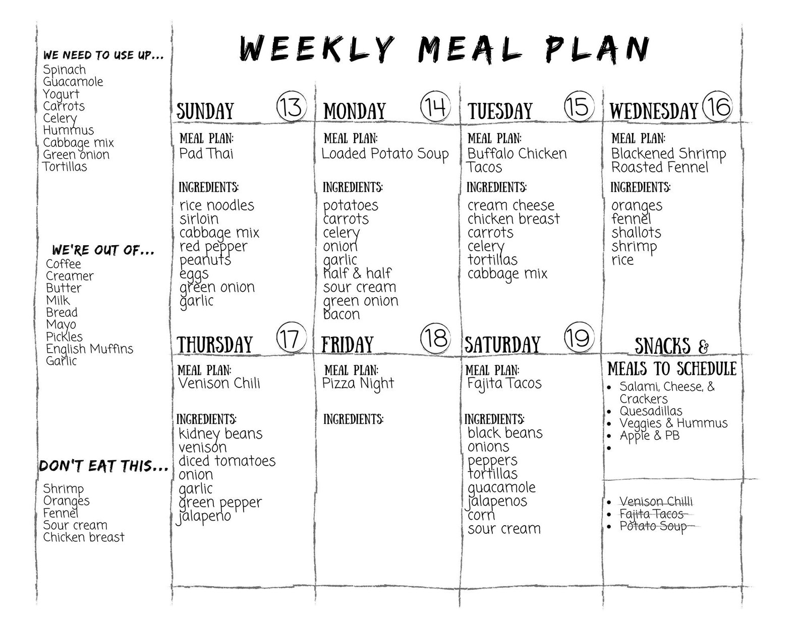 Weekly Meal Planner For Families Meal Snack Planner Meal Etsy Weekly meal planner for families meal snack planner meal etsy