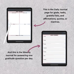 May include: Two digital journal pages on a tablet screen. The first page is labeled "Daily Journal" and has sections for "Something Simple", "Someone Special", "Tasks", "Goals", and "Affirmations - Quotes - Mantras". The second page is labeled "Weekly Journal" and has sections for each day of the week.