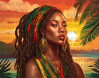 May include: A woman with long, dark dreadlocks wears a colorful head wrap and matching top. She has a serious expression and is looking directly at the viewer. The background is a sunset over a tropical island.