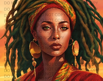 May include: A digital painting of a woman with long green dreadlocks, wearing a red and yellow headscarf and large gold earrings. The background is a sunset.