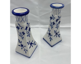Candle Holders Ceramic Blue White Etsy