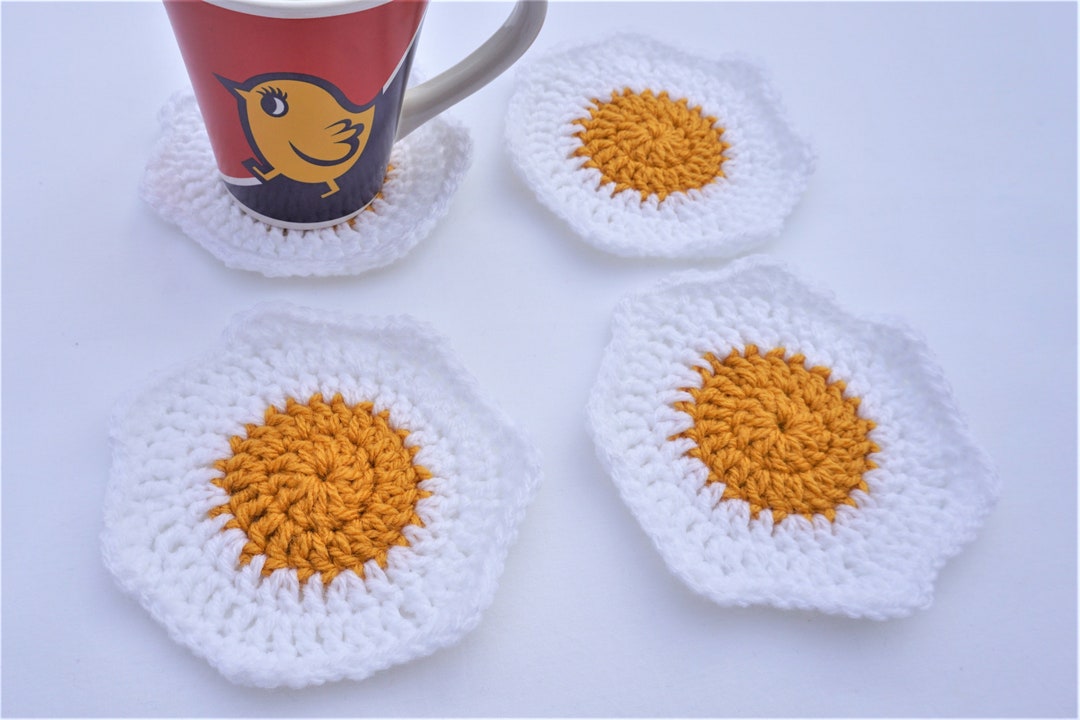 Set of 4 Crochet Fried Egg Coasters, Spring Decor, Table Decor, Egg