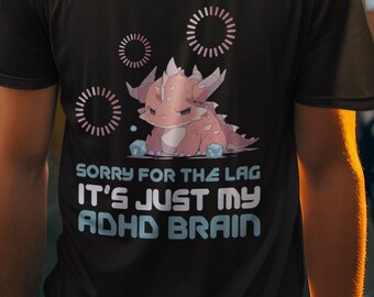Camiseta negra o azul marino para gamers con TDAH - Camiseta "Perdón por el lag, es solo mi cerebro con TDAH" - Camiseta divertida para TDAH - Camiseta de anime para gamers