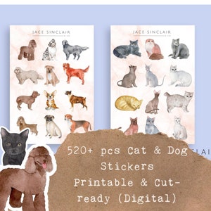 Paquete de pegatinas para perros y gatos de más de 520 (44 páginas) / Pegatinas para perros y gatos / Pegatinas para perros y gatos imprimibles y listas para cortar / Copia transparente