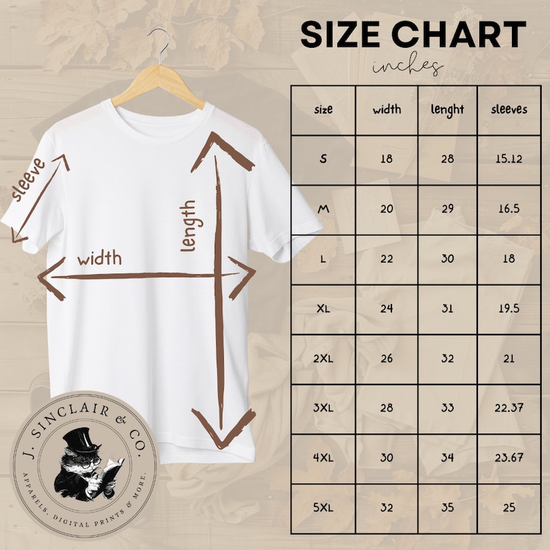Pode incluir: Tabela de tamanhos para uma camiseta branca com um gr&aacute;fico marrom de um gato usando um chap&eacute;u de coco e lendo um livro. A tabela mostra o tamanho, a largura, o comprimento e o comprimento da manga em polegadas.