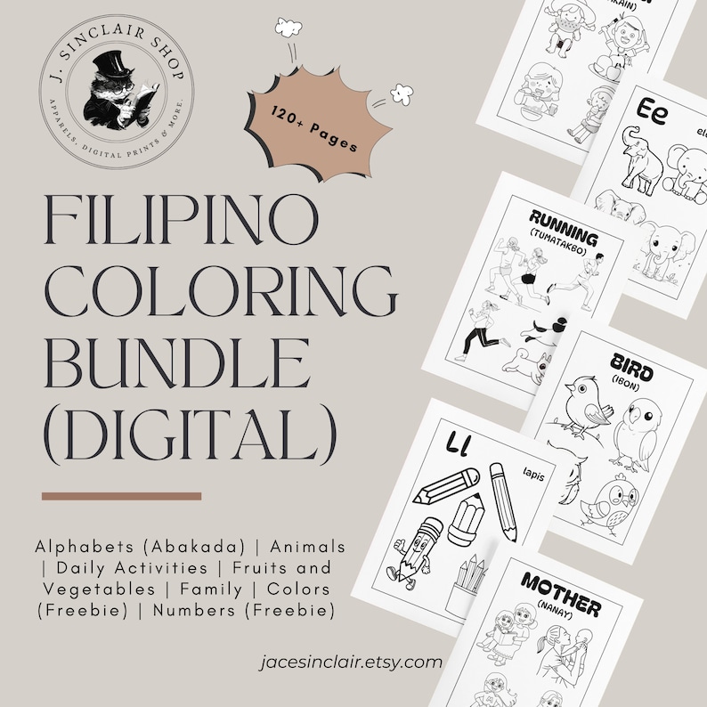 Op de afbeelding: Een digitale kleurboekbundel voor kinderen met meer dan 120 pagina's met Filipijnse illustraties. De bundel bevat kleurplaten voor letters, dieren, dagelijkse activiteiten, fruit, groenten, familie, kleuren en getallen. De omslag toont een cartoonkat met een hoge hoed en een boek in zijn hand.