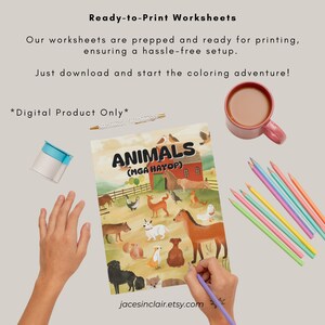 Op de afbeelding: Een printbare kleurplaat met een boerensc&egrave;ne met dieren. De pagina heeft de titel "ANIMALS (MGA HAYOP)" en toont een rode schuur, een paard, een hond, een kat, een kip, een varken en een koe. De pagina is bedoeld voor kinderen om in te kleuren.