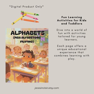 Op de afbeelding: Een kleurrijke illustratie van kinderen in een klaslokaal die het Filipijnse alfabet leren. De titel van het boek is "Alphabets (Mga Alpabetong Filipino)".