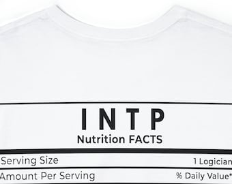 May include: White t-shirt with black text that reads "INTP Nutrition FACTS" and a nutrition facts label with the following information: Serving Size: 1 Logician, Amount Per Serving: Rarity 3-5%, Quint 80%.