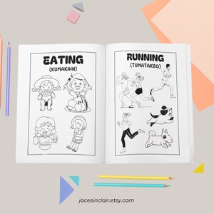 Op de afbeelding: Zwart-witte kleurplaat met illustraties van mensen die eten en rennen. De pagina is verdeeld in twee secties, een met de titel "Eten (Kumakain)" en de andere met de titel "Rennen (Tumatakbo)".