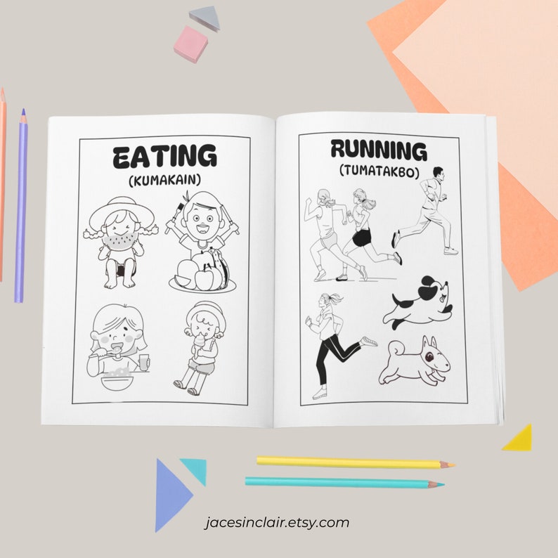 Op de afbeelding: Zwart-witte kleurplaat met illustraties van mensen die eten en rennen. De pagina is verdeeld in twee secties, een met de titel "Eten (Kumakain)" en de andere met de titel "Rennen (Tumatakbo)".
