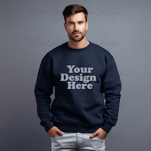 Navy Gildan 18000 Crewneck Sweatshirt Mockup, Male Model Sweater Mockup, Navy Sweater Men