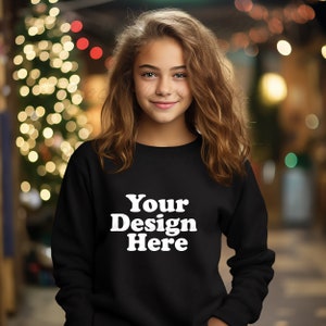 Black Gildan 18000B Youth Crewneck Sweatshirt Christmas Mockup, Youth Sweater Mockup, Black Sweater Youth, Christmas Mockup