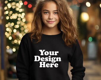 Black Gildan 18000B Youth Crewneck Sweatshirt Christmas Mockup, Youth Sweater Mockup, Black Sweater Youth, Christmas Mockup