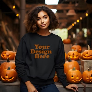 Halloween Black Sweater Mockup Black Gildan 18000 Mockups Model Sweatshirt Mockup Crewneck Fall Sweater Mockup JPG Digital Download