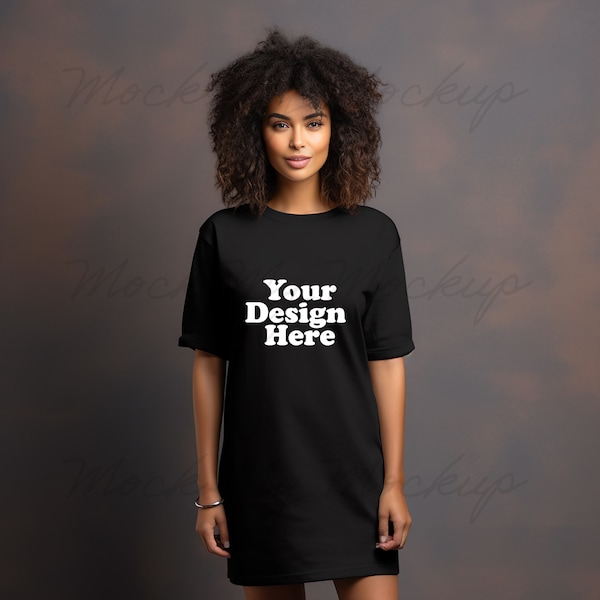 Black Stanley Stella STDW144 Spinner T-Shirt Dress Mockup - T-shirt dress mockup - Dress mockup, Female model mockup