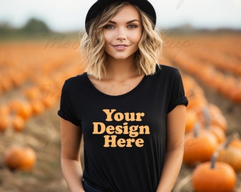 Black Bella Canvas 3001 TShirt Mockup - Bella Canvas 3001 Shirt - Black Shirt Mockup, Female Model T-shirt Mockup, Halloween tshirt mockup