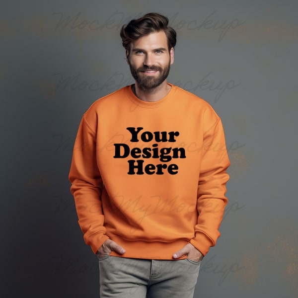 Orange Gildan 18000 Crewneck Sweatshirt Mockup, Male Model Sweater Mockup, Orange Sweater Men