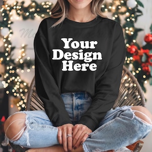 Black Gildan 18000 Christmas Sweatshirt Mockup with Cozy Christmas Decor – Perfect for Custom Designs