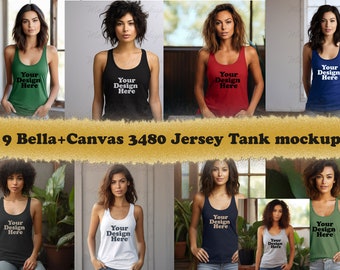 May include: Nine different coloured tank tops with the text "Your Design Here" printed on the front. The tank tops are modelled by women in various settings.