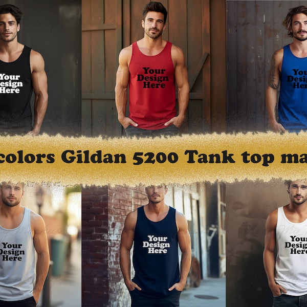 6 colors jpg Gildan 5200 Heavy Cotton Tank Top Mockup Bundle, Male Tank Top Mockup Bundle, Male Mockup, 6 colors Tank Mockup bundle
