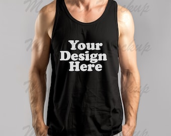 Black Bella+Canvas 3480 Jersey Tank Mockup - Black Tank Top Mockup, Male Model Tank Top Mockup