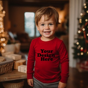 Red Rabbit Skins 3302 Toddler Long Sleeve Tee Mockup, Christmas Toddler Mockup, Red Sweater Toddler Mockup, Christmas Toddler Mockup